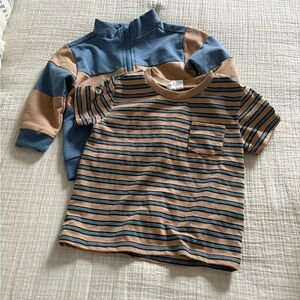Striped Tan & Blue Tee with Coordinating Blue Zip Pullover - Kids